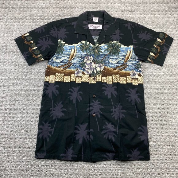 FAVANT Hawaiian Shirt Men Small S Black Button Up Floral Palm Tree Beach Waves - Picture 1 of 9